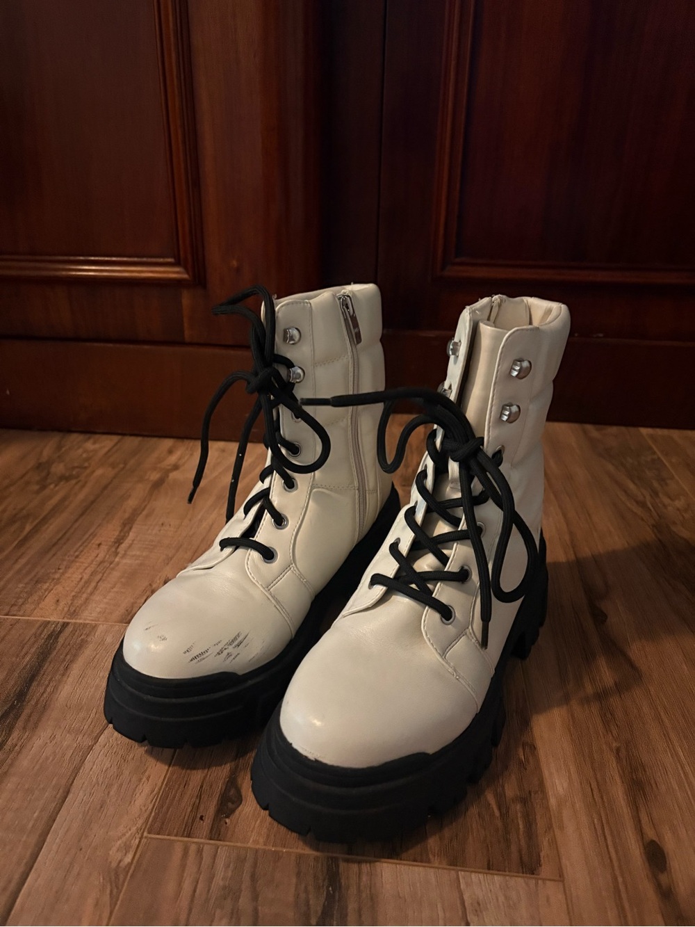 Nordstrom White Lace-Up Combat Boots with Black Lug Sole